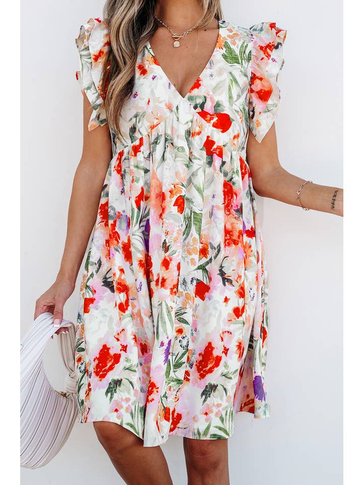 Pink LDC Floral Double Ruffle Sleeve V Neck High Waist Mini Dress for wholesale on Faire