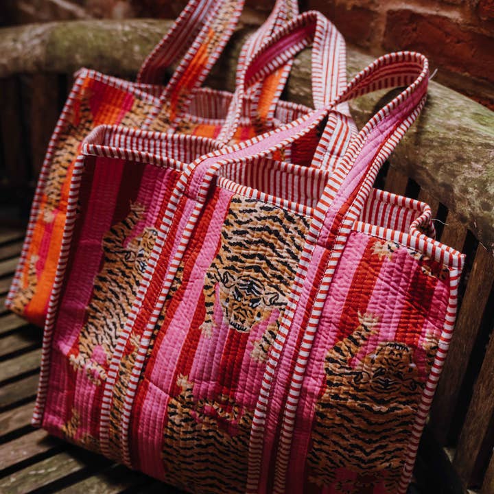 Vibrant Striped Quilted Tote in Pink on Pink for wholesale by The Bazaar Rabbit