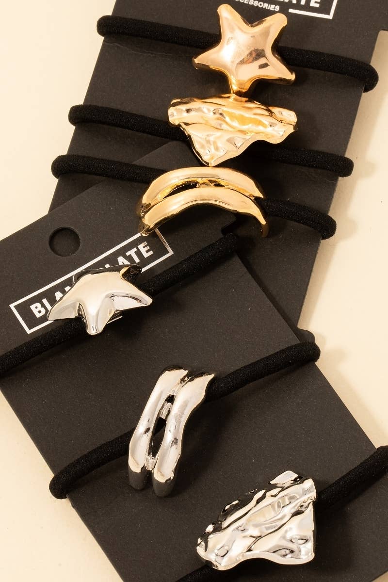 Collections by Fame Accessories - Wholesale Hair Tie - Mixed Metallic Shapes Hair Tie Set1