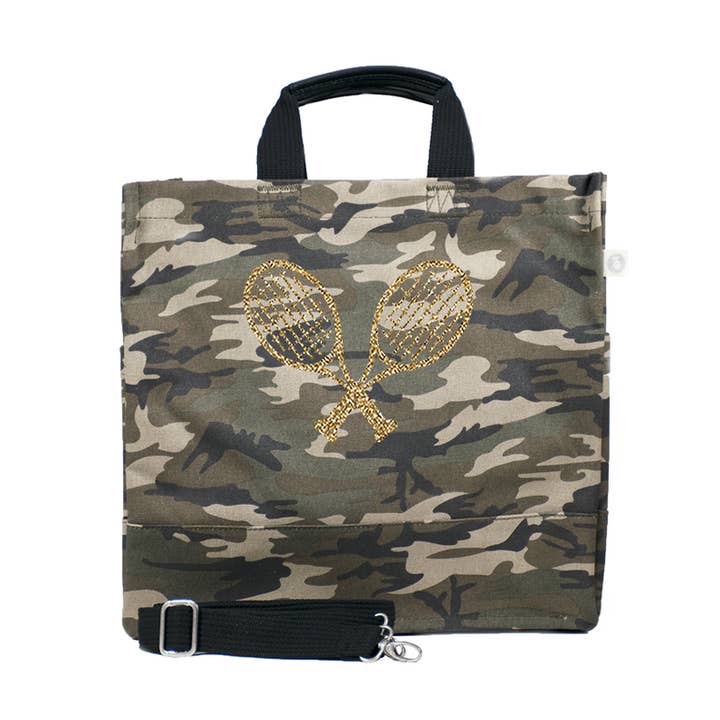 Green Camo Luxe North South Crossbody Bag - Gold Tennis Racquets for wholesale by Quilted Koala