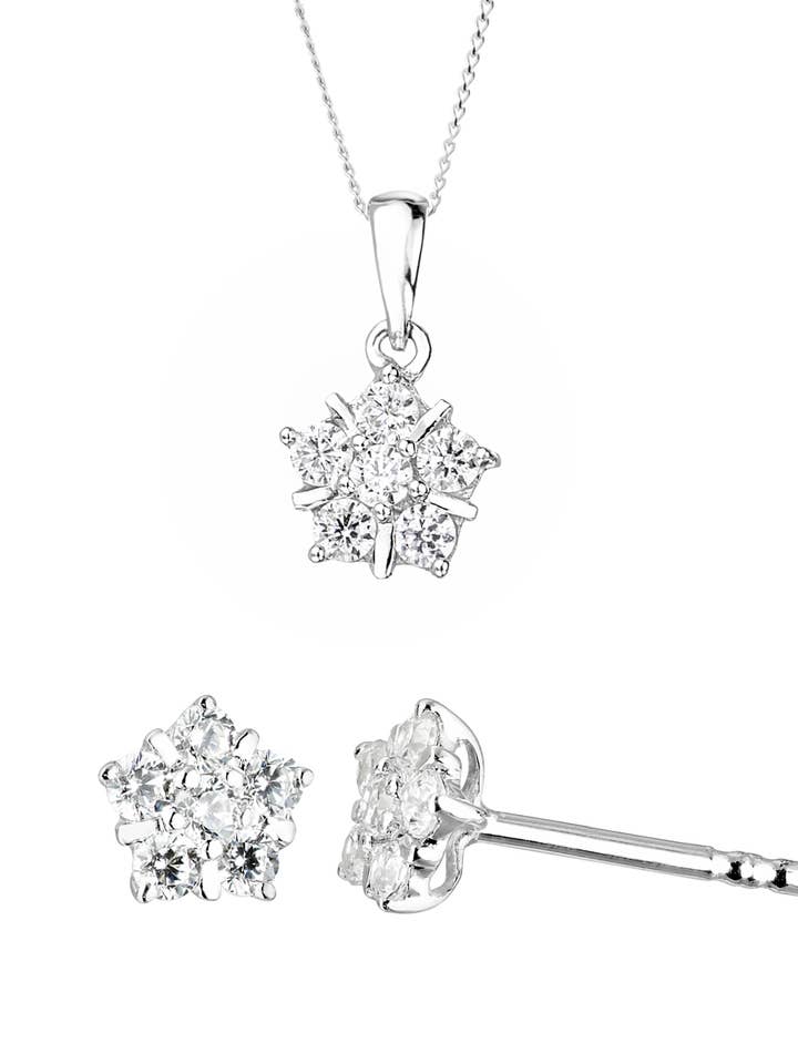9ct White Gold Cubic Zirconia Pendant and Stud Earrings for wholesale by The Fine Collective