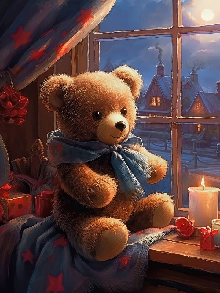 Teddy's Snowy Christmas Eve 3 for wholesale by Singing Crow Studio - Classic Christmas Art Prints