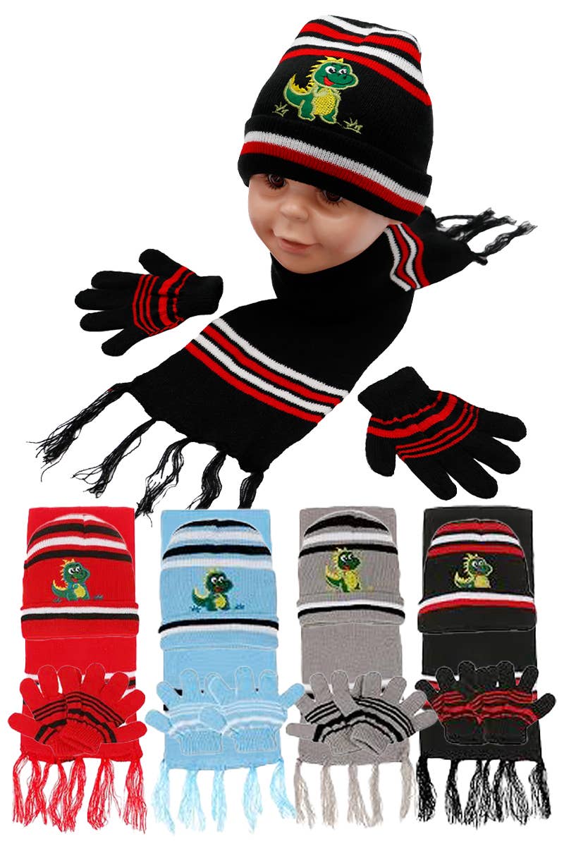 Cap Zone - Wholesale Winter accessory set – kids - Kids Dinosaur Beanie, Wrap Scarf, and Gloves Set