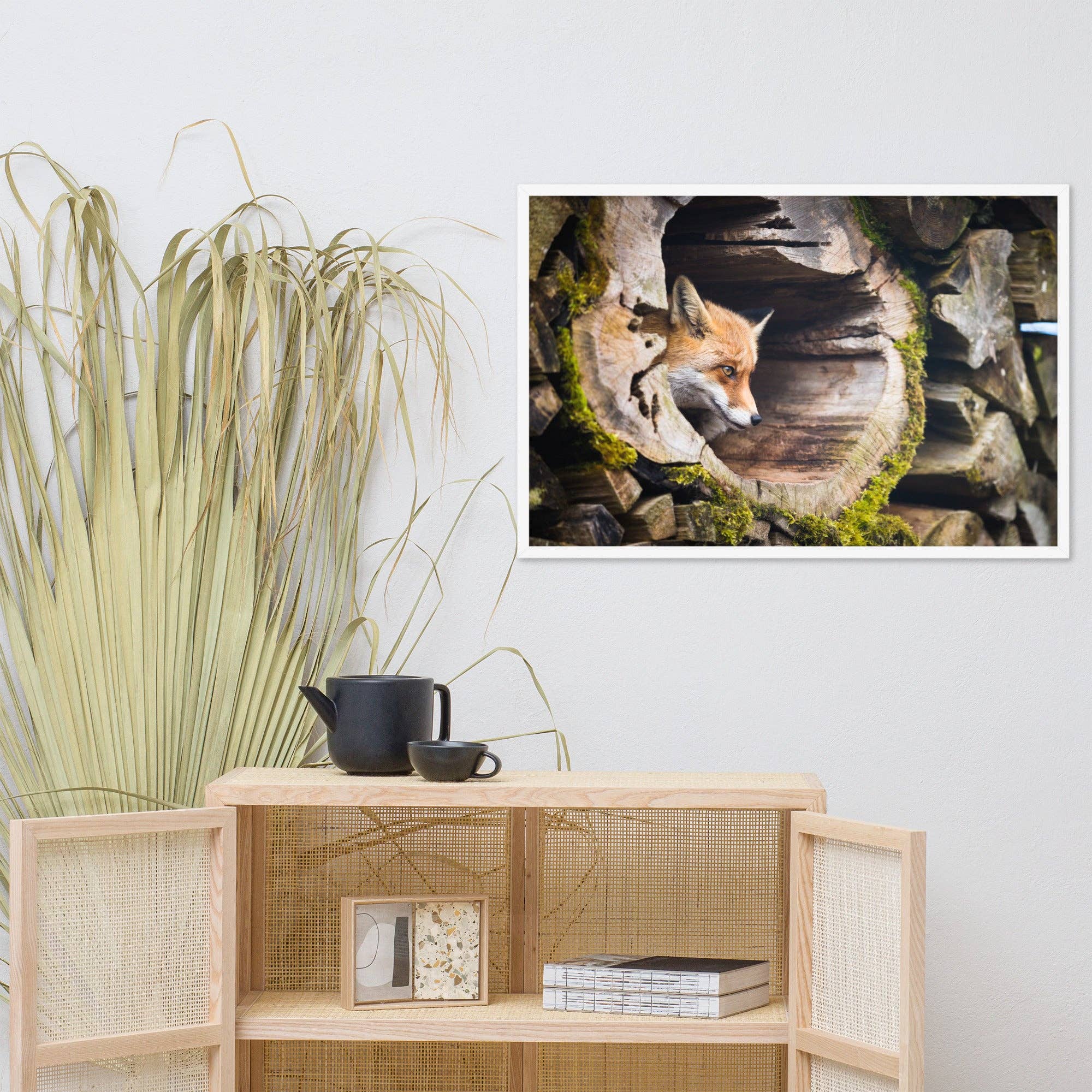 Pipa Wall Art & Home Decor - Wholesale Art Print - Young Red Fox Face In Mossy Stump Wildlife Nature Framed Art19