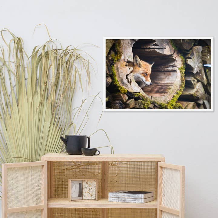 Pipa Wall Art & Home Decor - Wholesale Art Print - Young Red Fox Face In Mossy Stump Wildlife Nature Framed Art19