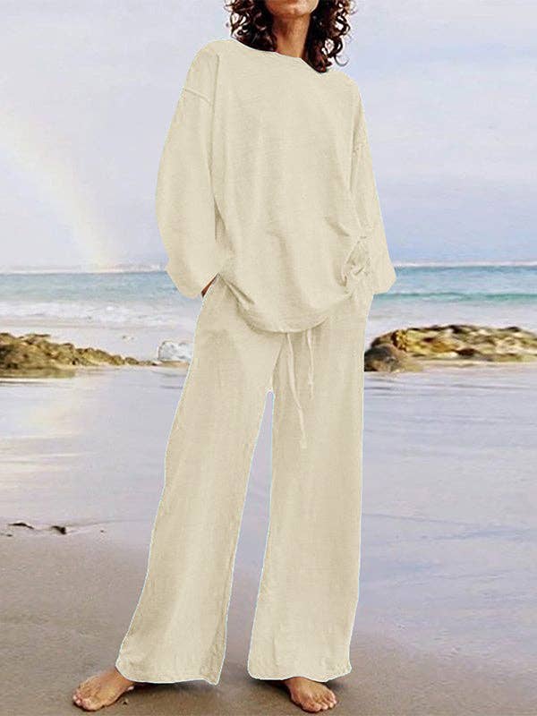 Plush Looks - Venta al por mayor Conjuntos de top y pantalón (NO para estar en casa) - Mujer - Conjunto de camisas holgadas de manga larga con cuello redondo y pantalones con cordón en la parte inferior de dos piezas