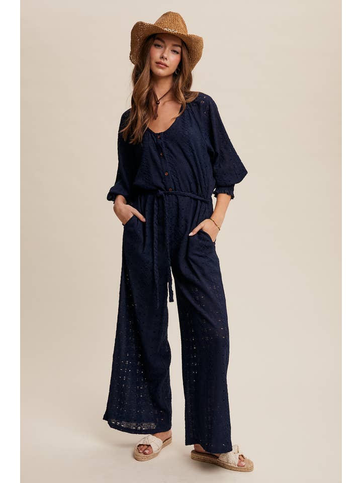 Listicle - Wholesale Jumpsuit - Women's - Eyelet Lace Wide Leg Jumpsuit