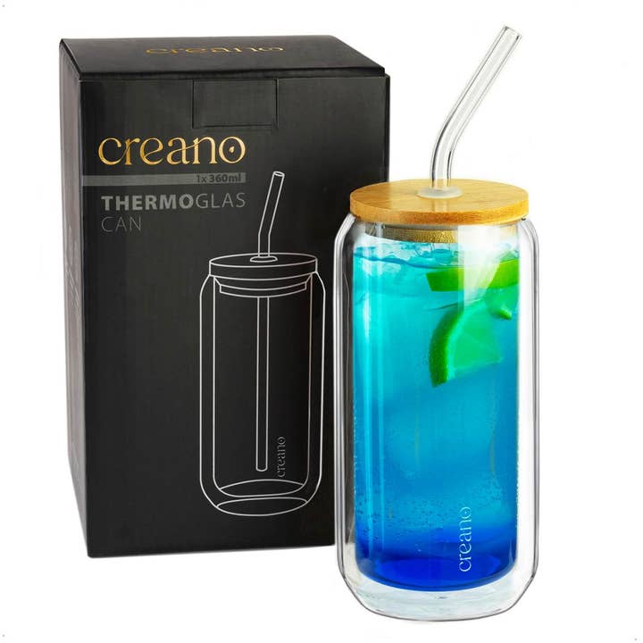 Creano - Wholesale Drinking Glass/Cup - Creano double-walled glass bamboo lid, straw 360ml 1er4