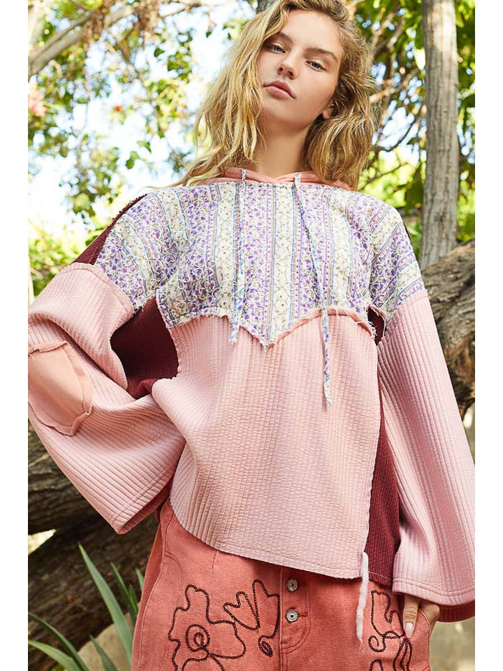 Pol Clothing - Wholesale Hoodie - Women's - Floral print contrast long sleeve french terry top SALE