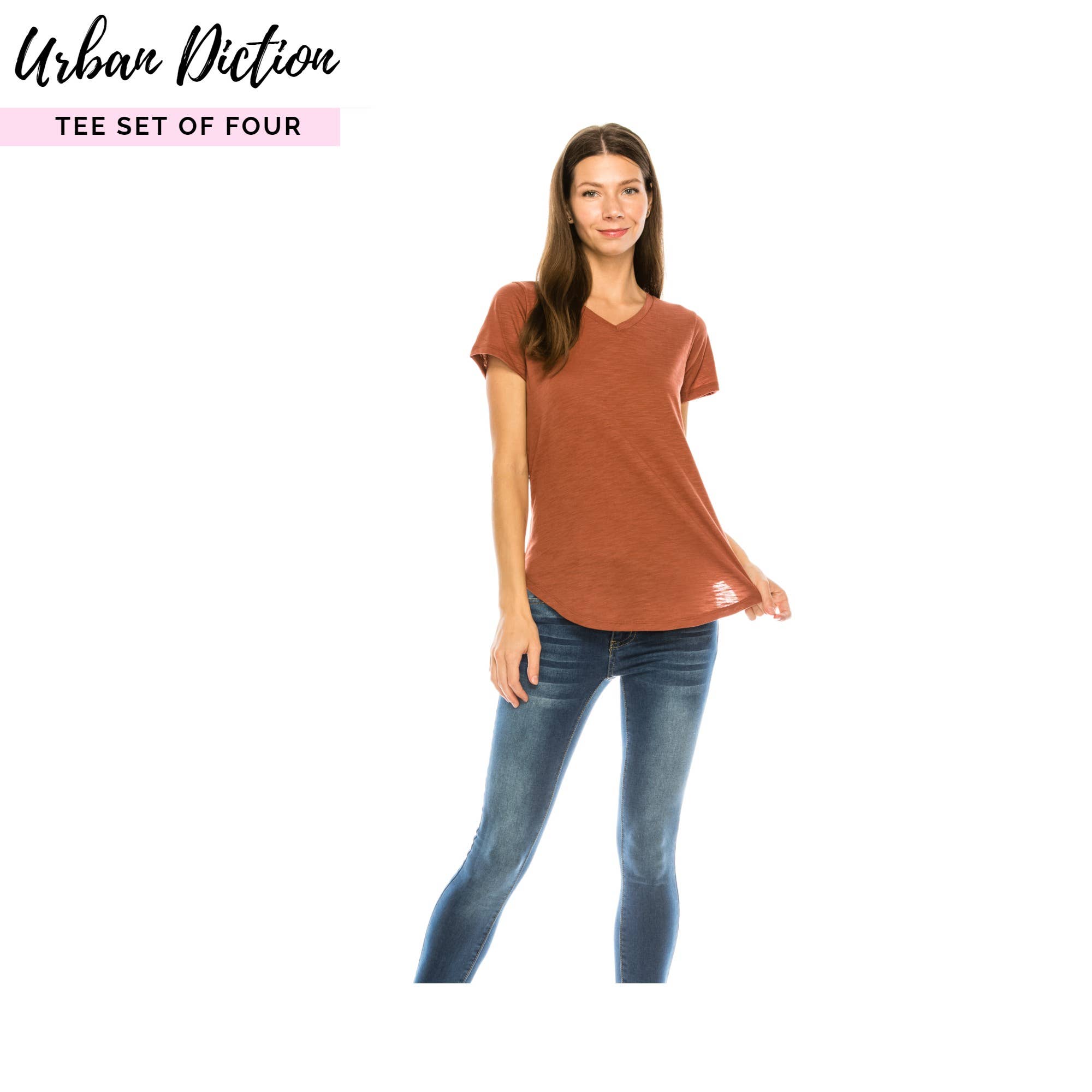 BORDEAUX, ROEST, TAUPE, BRUIN Burgundy & Rust t-shirt met ronde zoom - set van vier voor groothandel op Faire11