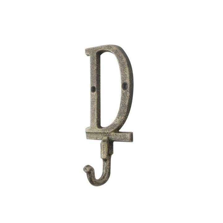 Hampton Nautical - Wholesale Wall Hook - Rustic Gold Cast Iron Letter D Alphabet Wall Hook 6"2