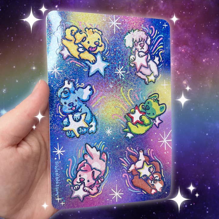 Woolblossom - Wholesale Sticker - Shooting Star Puppies ~ Mega Glitter Sticker Sheet