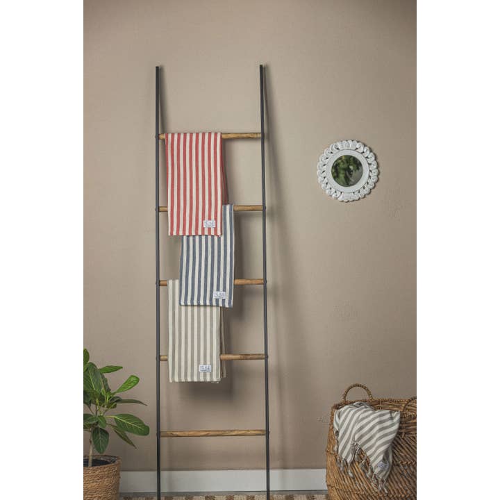 The Bali Market - Wholesale Hand Towel - Vertical Stripe Turkish Hand/Tea Towel Set - Red-Taupe-Navy - No Fringe