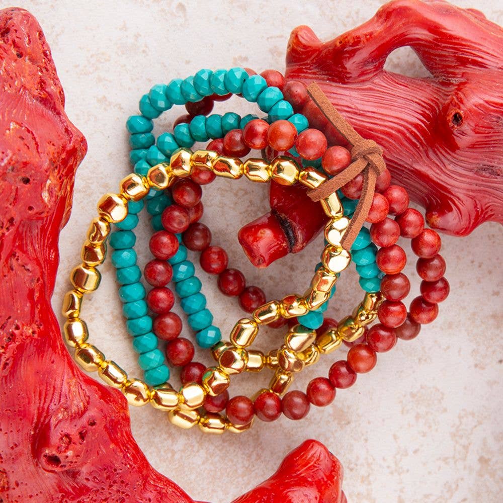 Barse Jewelry – Conjunto de joias por atacado – Conjunto de Pulseiras Douradas com Magnesita Azul Mesa e Coral Vermelho1