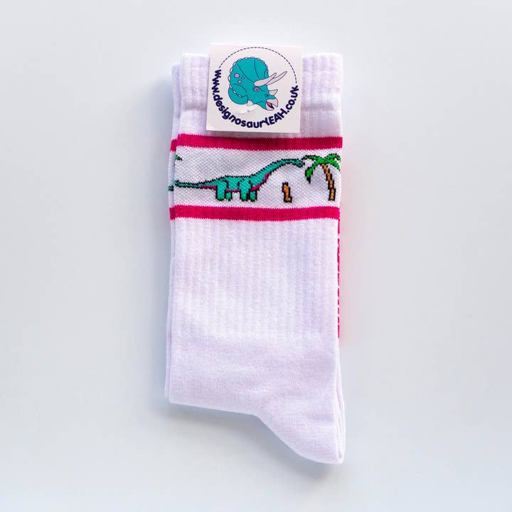 Diplodocus sportsokken voor dinosaurussen, palmbomen en roze strepen voor wholesale door designosaur