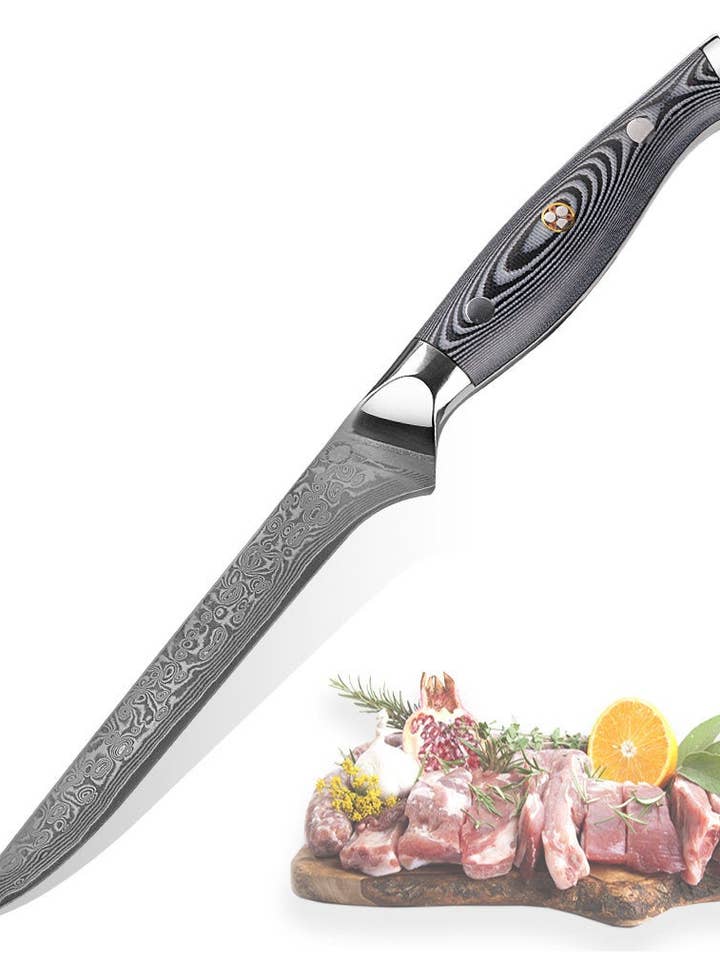 HTC-13 - Couteau à filet en acier inoxydable Damascus VG10 Sanmai noir, flexible, ergonomique, chef professionnel, tranchant et trous pour la vente par HomeTown Knives.