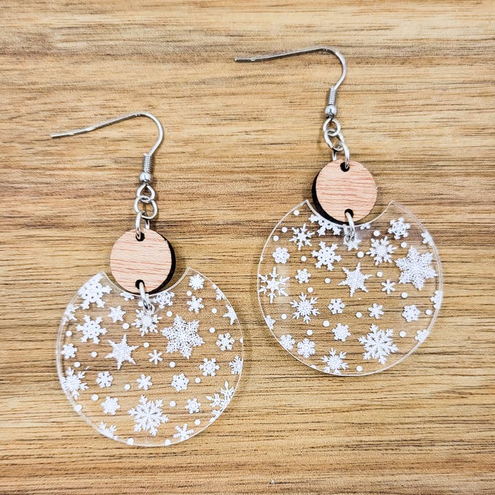 Snowflakes Acrylic Semi Circle Dangle Earrings for wholesale by The Purple Chickadee