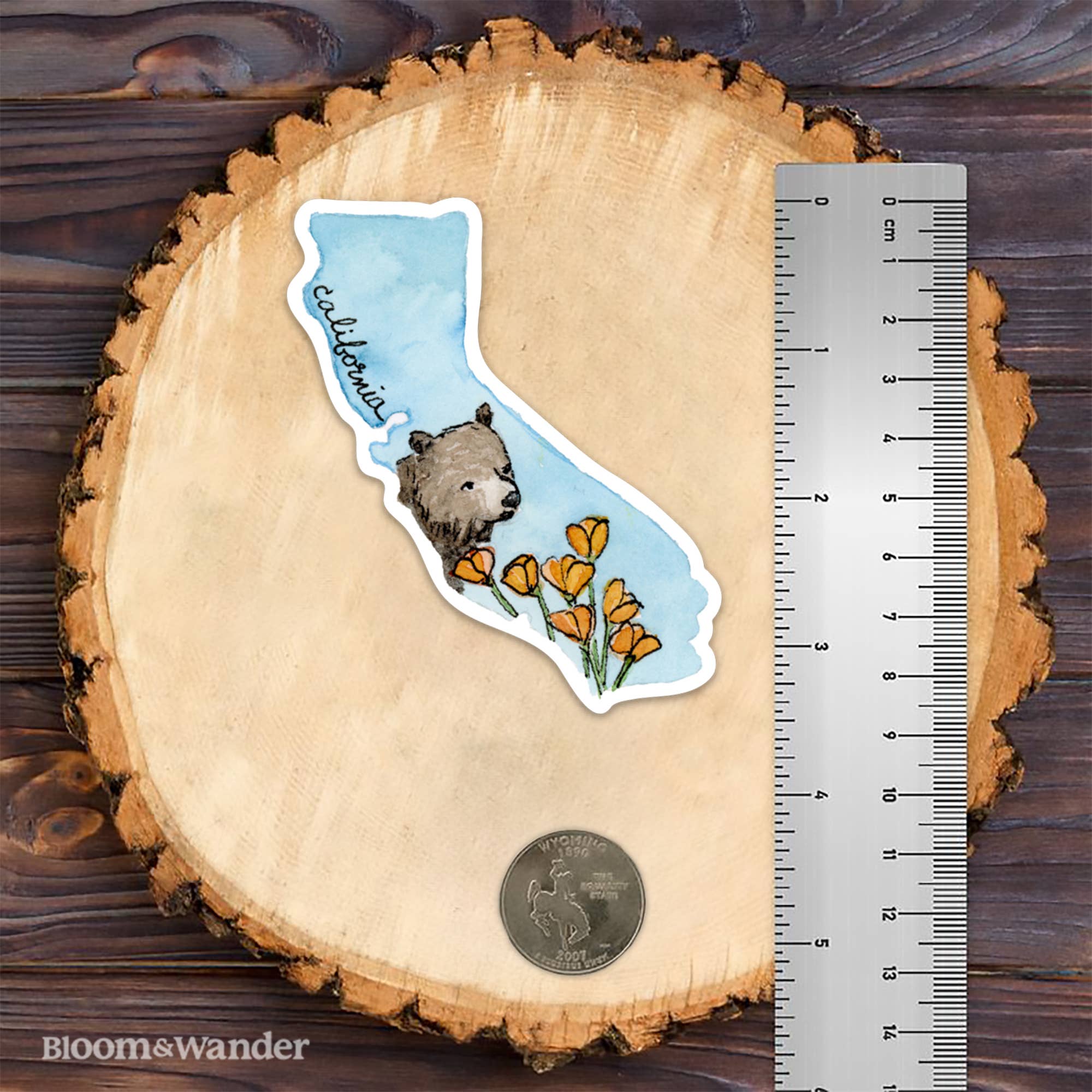 Bloom & Wander - Wholesale Sticker - California Stickers | CA State Watercolor - Bear & Poppies2