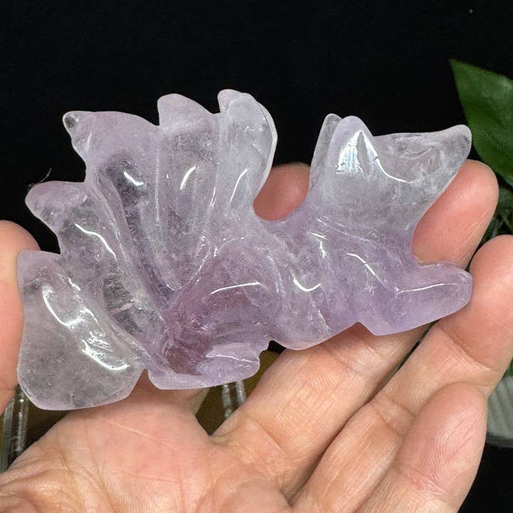 The 7 Directions - Wholesale Spiritual Stone/Crystal - Amethyst nine tail fox carving w/ info card G5503