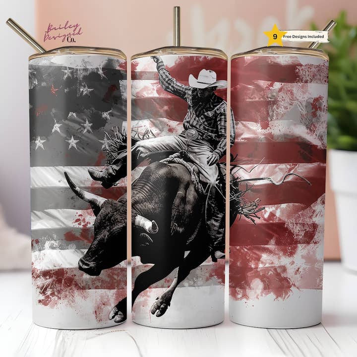 Dm Crafting - Wholesale Insulated Mug/Tumbler - American Flag Rodeo Cowboy Tumbler, 20oz Skinny Tumbler, Dad