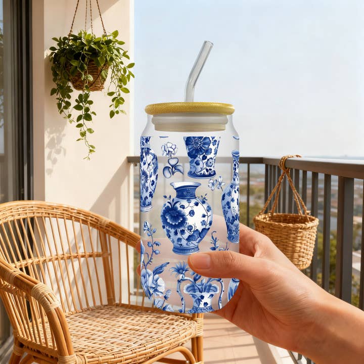 Blue & White Pattern UV DTF Glass Tumbler with Lid and Straw for wholesale by Candles Meta