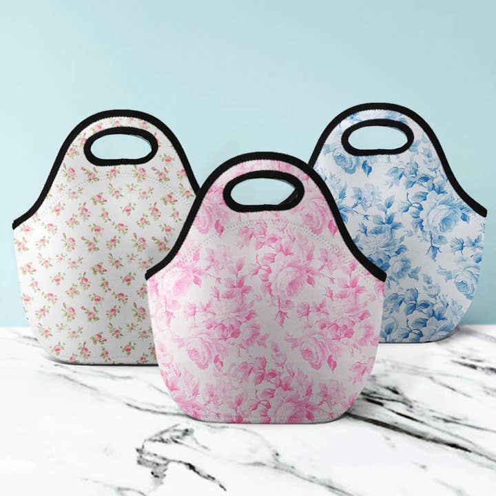 Fancy Love Pink and Blue Rose Lunch Tote for wholesale by Boutique Monogram