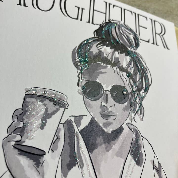 White Cotton Cards - Wholesale Birthday Card - Daughter - Style - Girl with Coffee (Y8)