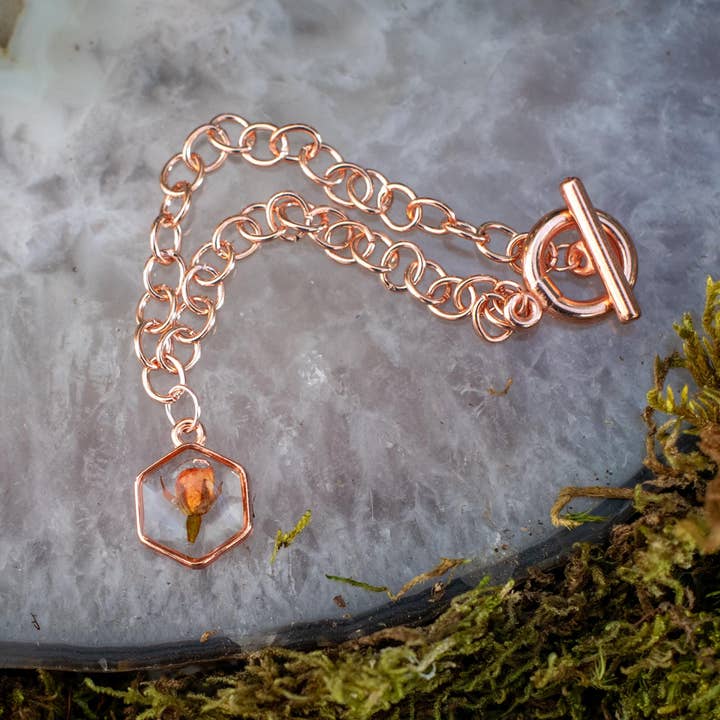 Sorority Senior Gift Rose Gold Bracelet Dried Rose Bracelet for Nature Lover Gift for Her Charm Bracelet Customizable Monogram Birthstone for wholesale by TillyPad Studios
