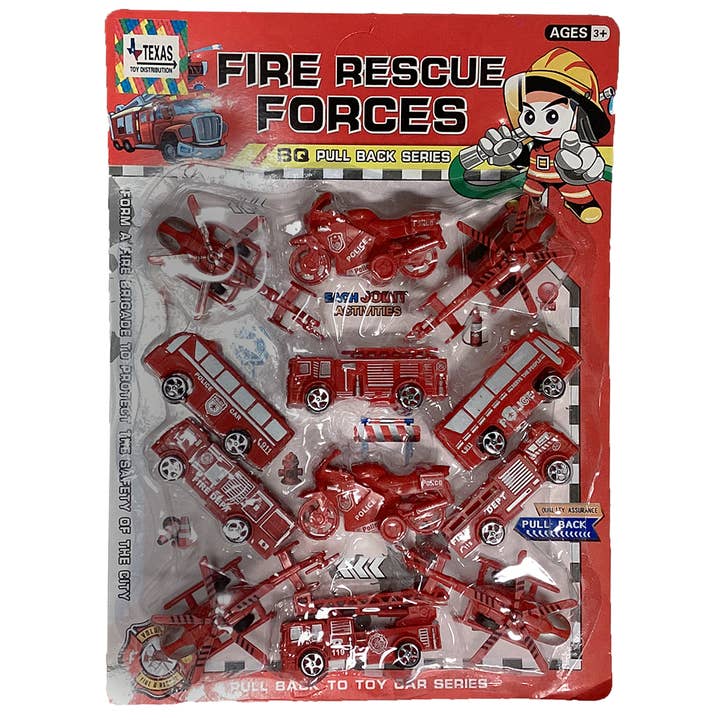 Set of 12 Pull-Back Fire Vehicles in Retail Packaging for wholesale by Texas Toy Distribution