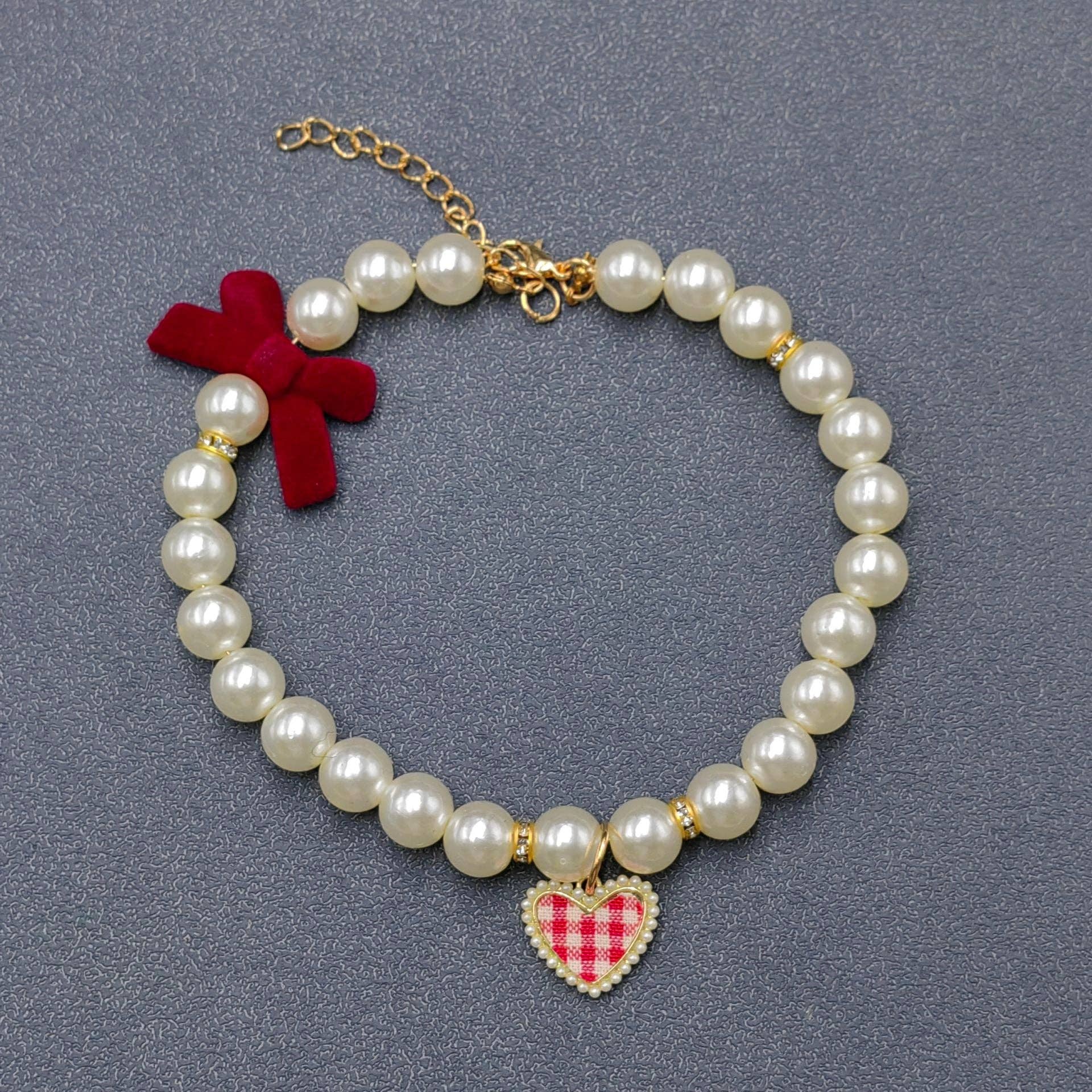 Mio Queena - Wholesale Pet Collar - Cat/Dog - Plaid Heart Charm Pearl Beaded Bow Pet Collar0