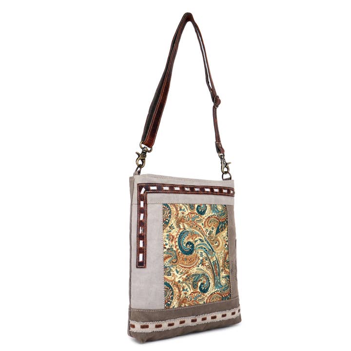 Sixtease Bags USA - Wholesale Crossbody Bag - Women's - Canvas Cowhide & Leather Women's Sling Bag - Neutral Paisley4
