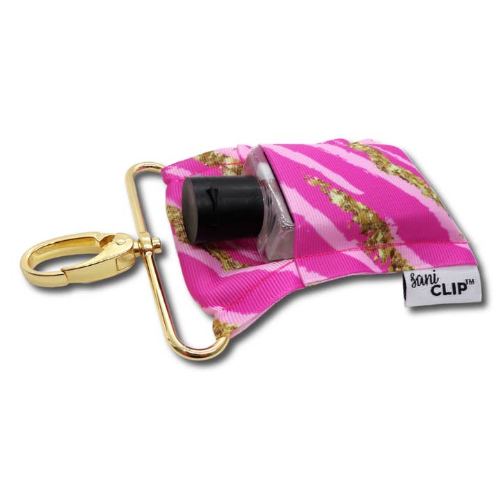 LippyClip Lip Balm Holder - Wholesale Keychain – Women's - Pink and Gold Stripe SaniClip Hand Sanitizer Holder1