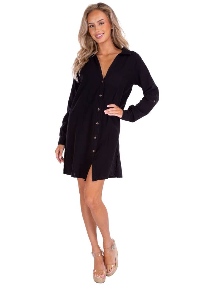 Long Sleeve Button-Up Cotton Cover-Up Dress - Black for wholesale by Seaspice Resort Wear
