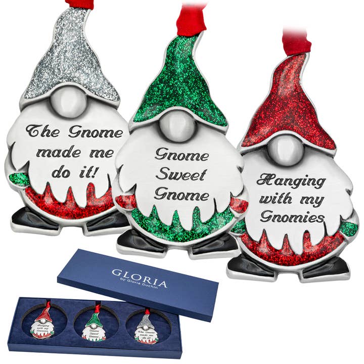 Vintage Gnome Pewter Christmas Ornaments (Set of 3) for wholesale by Gloria Duchin