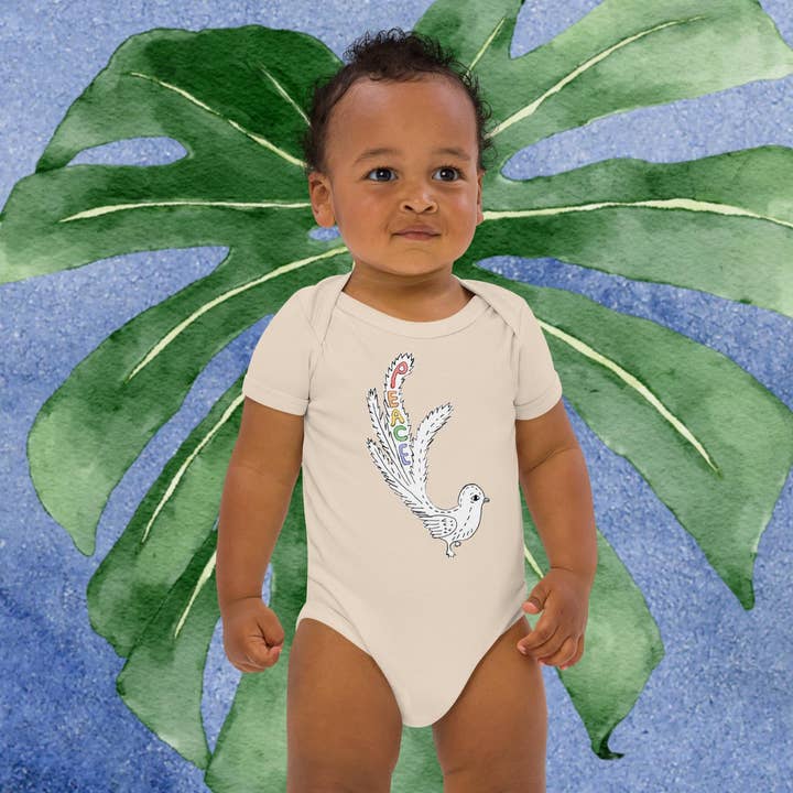 Zwei Eulen Regenbogen Friedensvogel Bio-Baumwoll-Babystrampler für den Großhandel von Two Owls