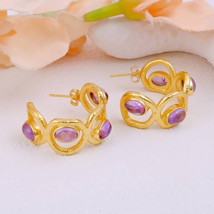 El Joyero – wholesale Solitärörhängen – Ametist Statement Creolörhänge Handgjorda Guldpläterade Stift0