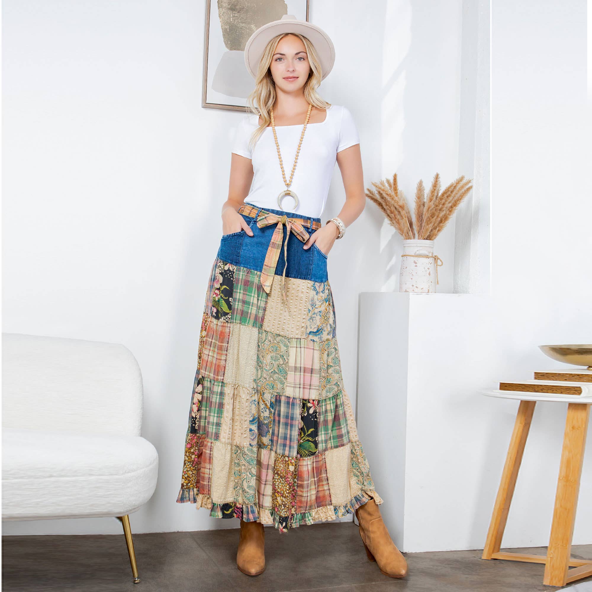 Young Threads - Wholesale Skirt - Women's - Western Boho Chic: Patchwork Belted Skirt  (New Color)10