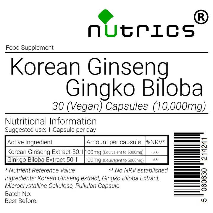 NUTRICS SUPERFOOD – wholesale Oral supplement/vitamin – Nutrics® 10,000mg Ginkgo Biloba & Korean Ginseng Capsules