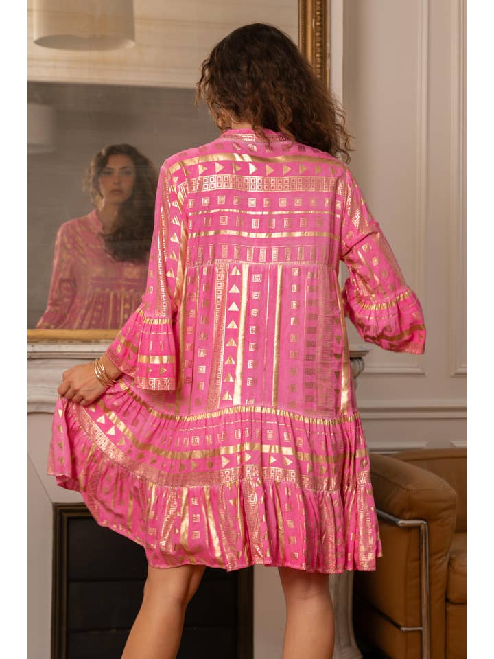 Rosa Fushcia Vestido midi de corte acampanado con estampado geométrico de venta al por mayor en Faire