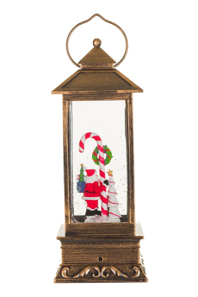 Starlight Collection - Wholesale Decorative Tabletop Object - NEW-Bronze Led Lantern Snow Globe W/ Santa & Candy Cane2