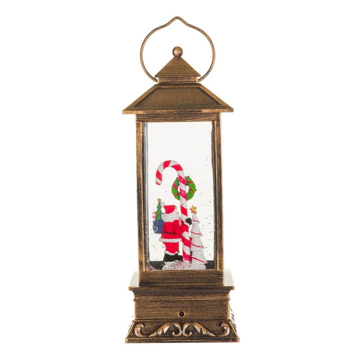Starlight Collection - Wholesale Decorative Tabletop Object - NEW-Bronze Led Lantern Snow Globe W/ Santa & Candy Cane2
