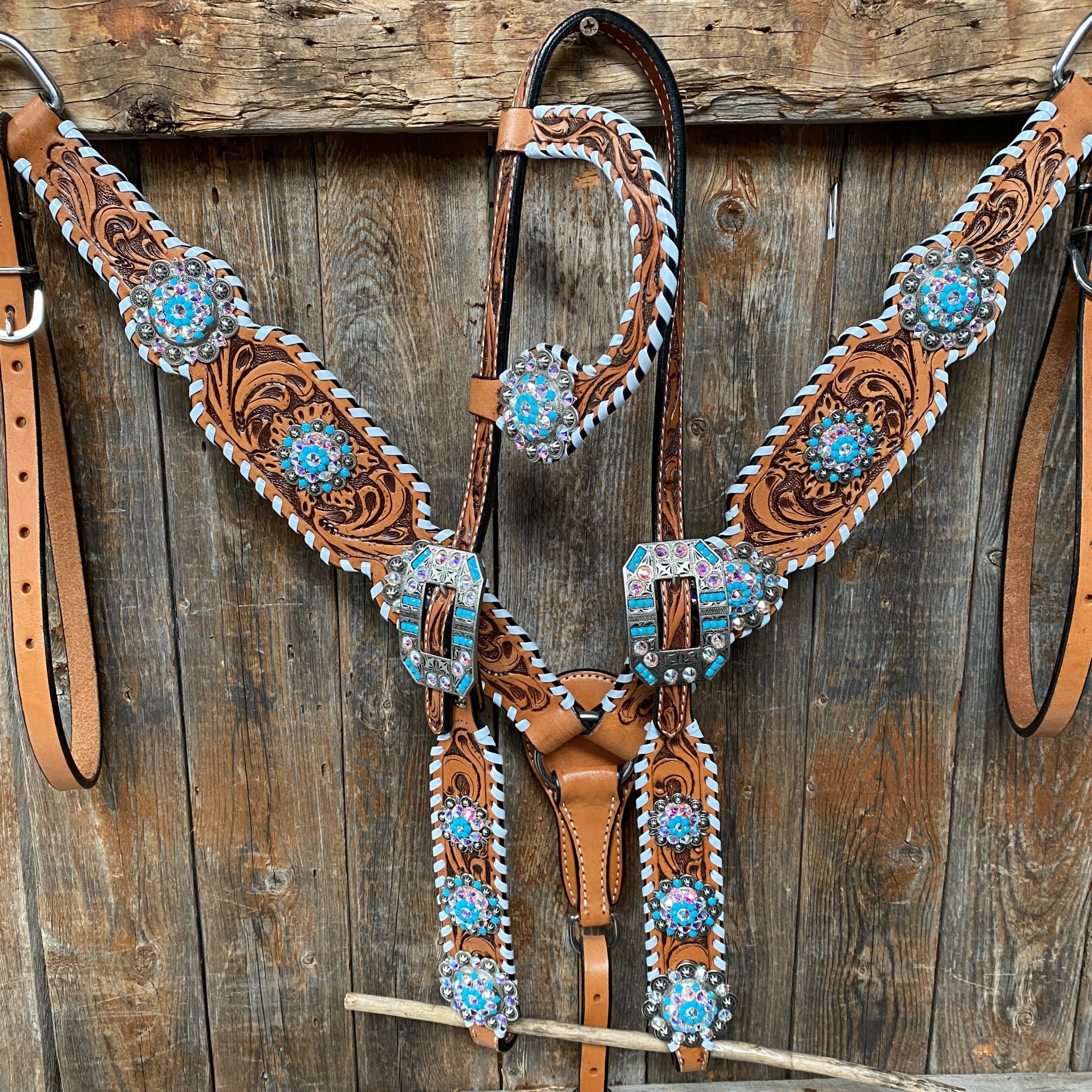 Rodeo Drive - Wholesale Horseback Riding Gear - Whipstitch Turquoise & AB Browband/One Ear Tack Set with Wither Strap  #BBBC4633