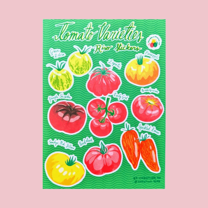 Christina Hu - Wholesale Sticker - Heirloom Tomato Varieties Risograph Sticker Sheet | 5"x7" Waterproof Vinyl0