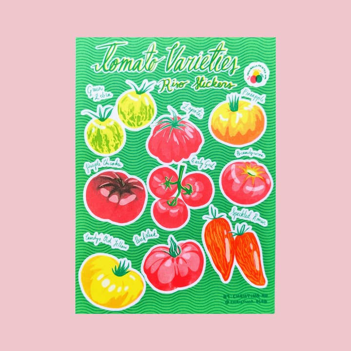 Christina Hu - Wholesale Sticker - Heirloom Tomato Varieties Risograph Sticker Sheet | 5"x7" Waterproof Vinyl