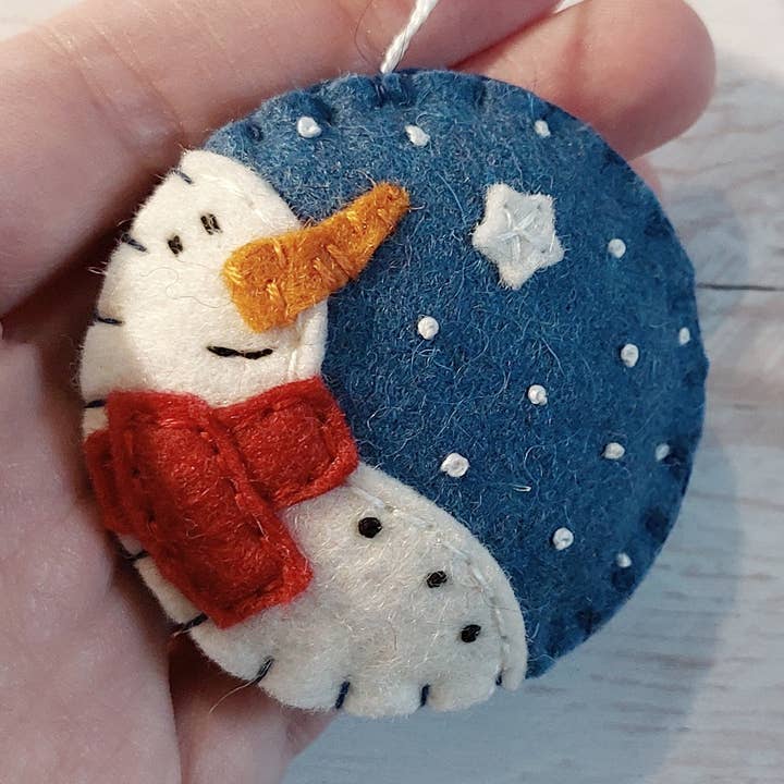 Blue bauble ornament with snowman, felt decoration for wholesale by Grab a Coffee