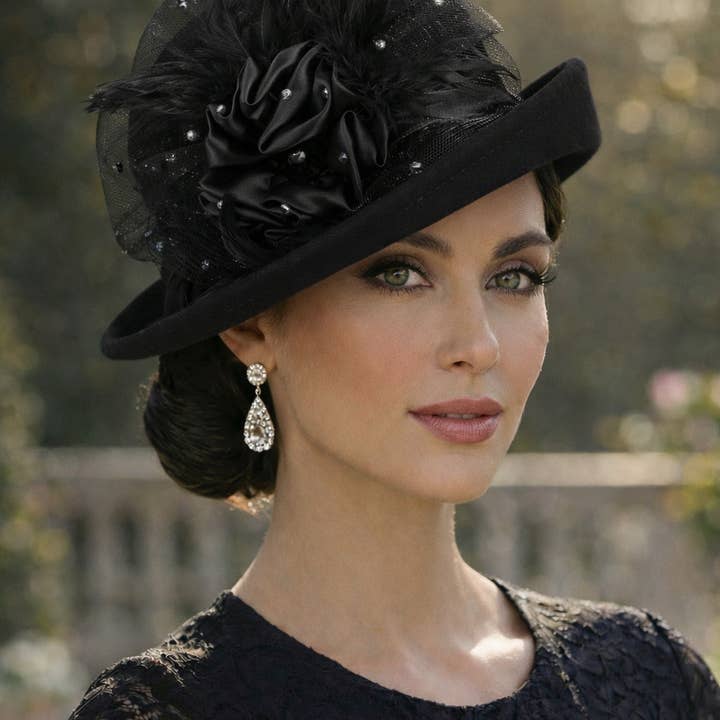 WFT1501- Felt Dress Hat with Floral & Feather Embellishment for wholesale by Maspros