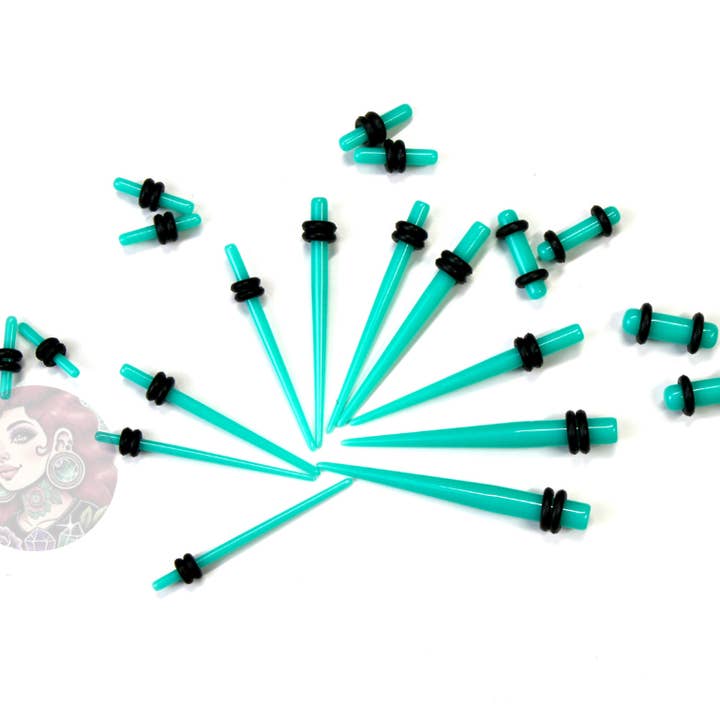 Stretching Taper Kit Includes Acrylic Teal Plugs and Tapers – Sizes 14G to 00G for wholesale by EC Plugs and Gems