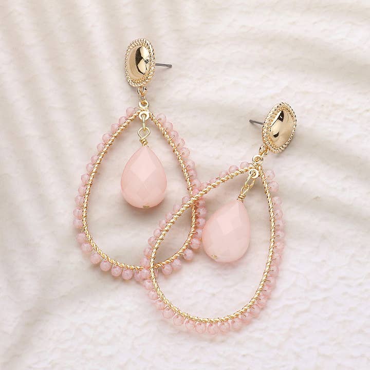 Teardrop Stone Faceted Beaded Open Teardrop Dangle Earrings for wholesale by Sensibling Corp.
