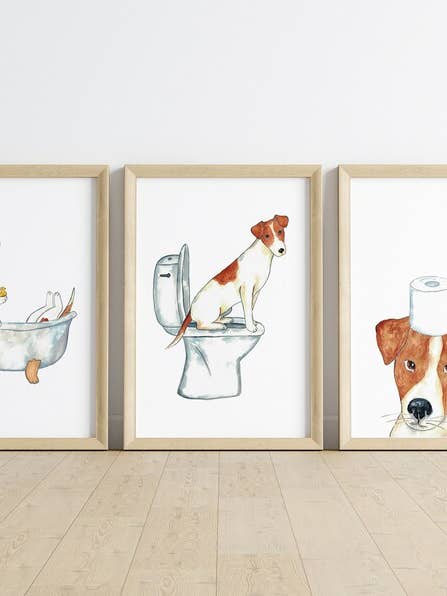 Sæt med 3 Jack Russel terrier hund toilet maleri for engroshandel hos Goodfairyart