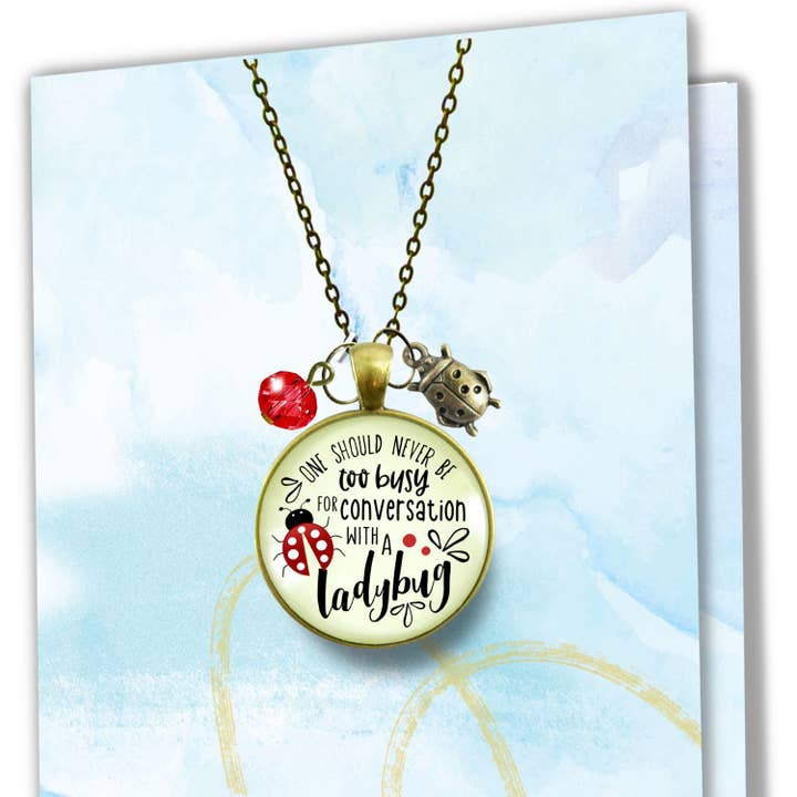 Ladybug Necklace Never Too Busy Friendship Gardener Card ^ for wholesale by Gutsy Goodness